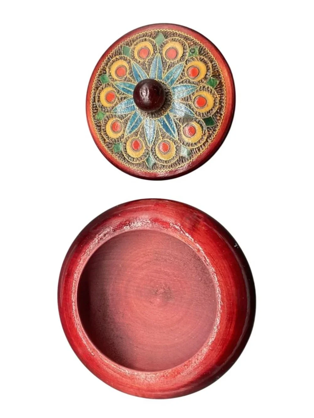 Hand Painted & Carved Red Wood Lacquered Lidded Bowl 3